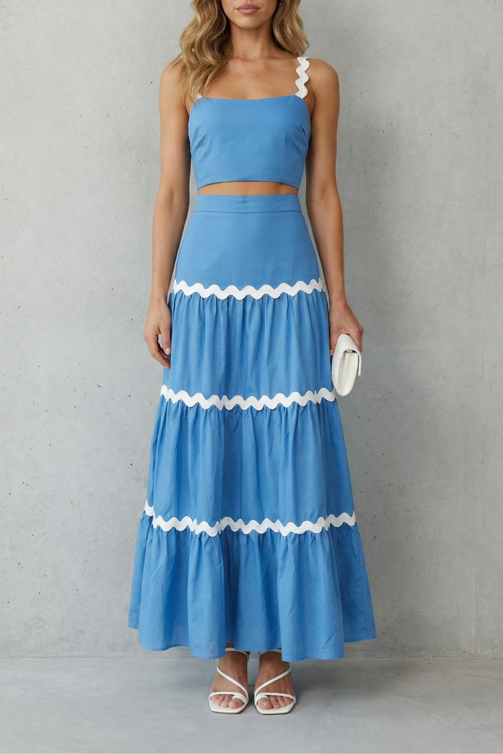 Women's cropped tank top and tiered maxi skirt set, front view
