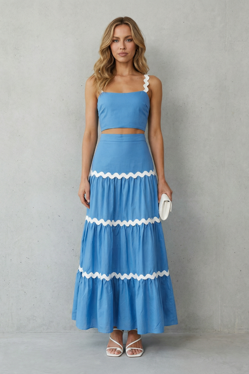 Side view of the cropped tank and tiered maxi skirt summer set