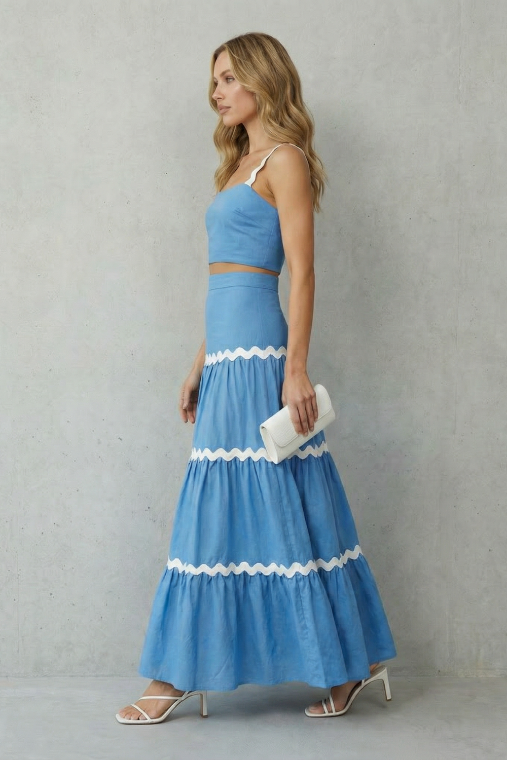 Back view of the wave trim cropped tank top and maxi skirt set