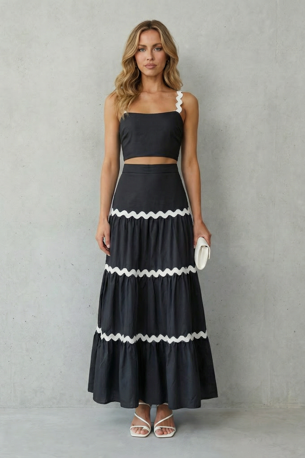 Close-up of the tiered skirt panels and airy lightweight fabric