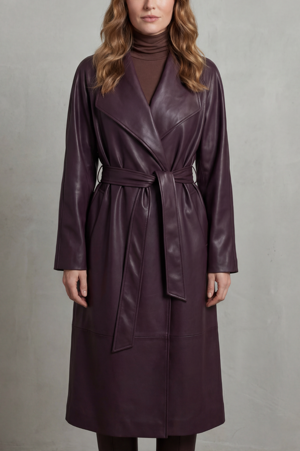 Women's Faux Leather Trench Coat with Waist-Cinching Design - Marzienne