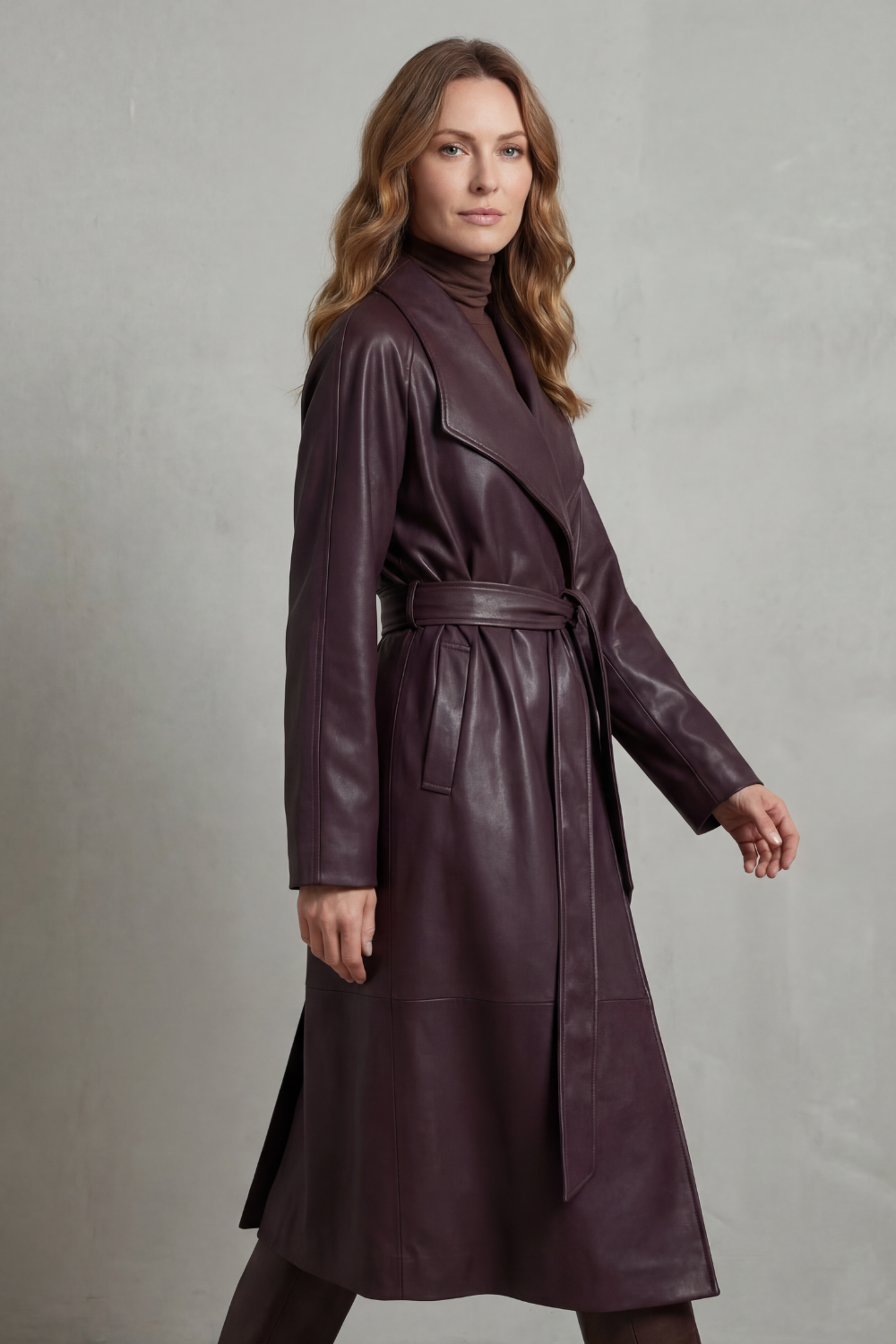Women's Faux Leather Trench Coat with Waist-Cinching Design - Marzienne
