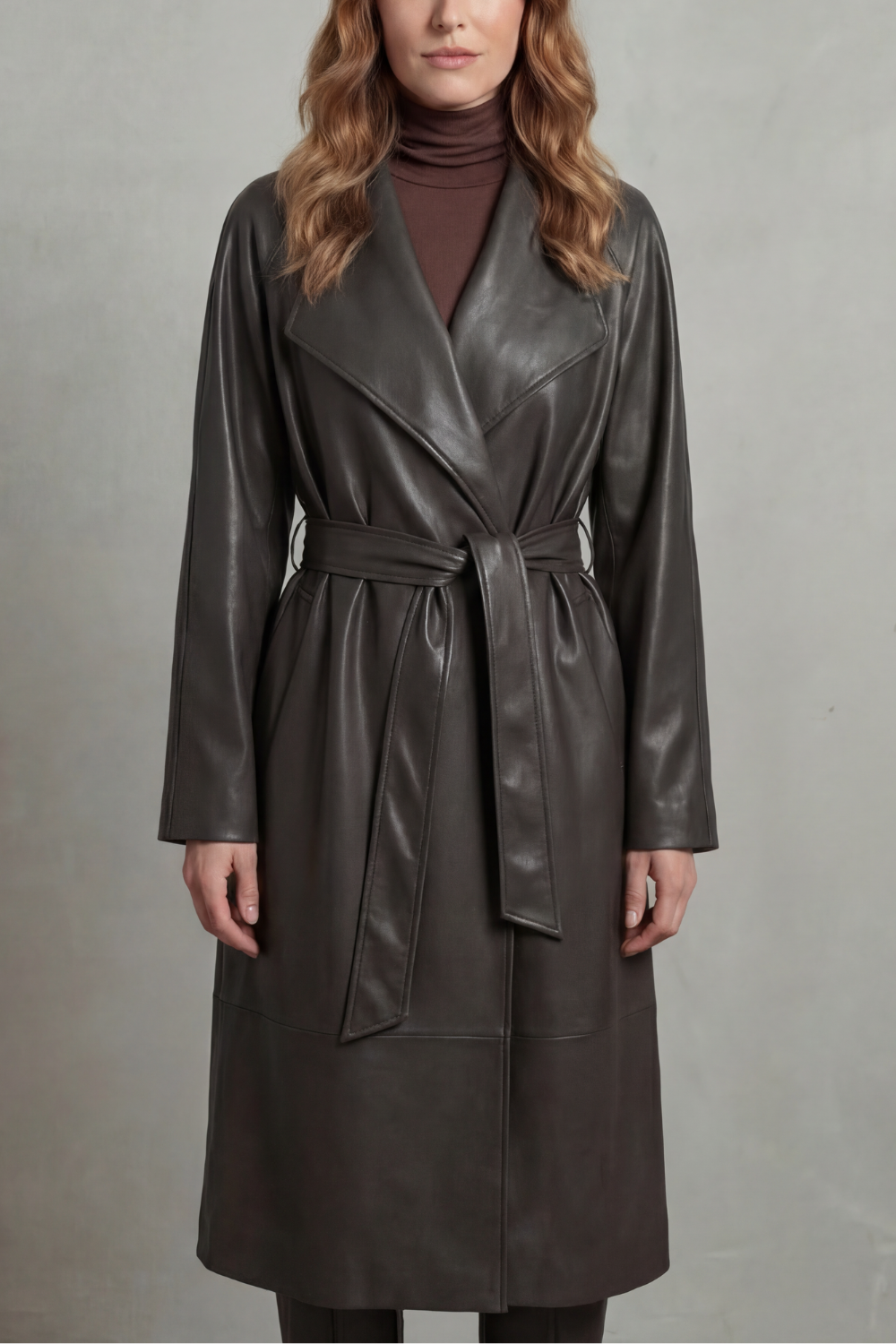 Women's Faux Leather Trench Coat with Waist-Cinching Design - Marzienne