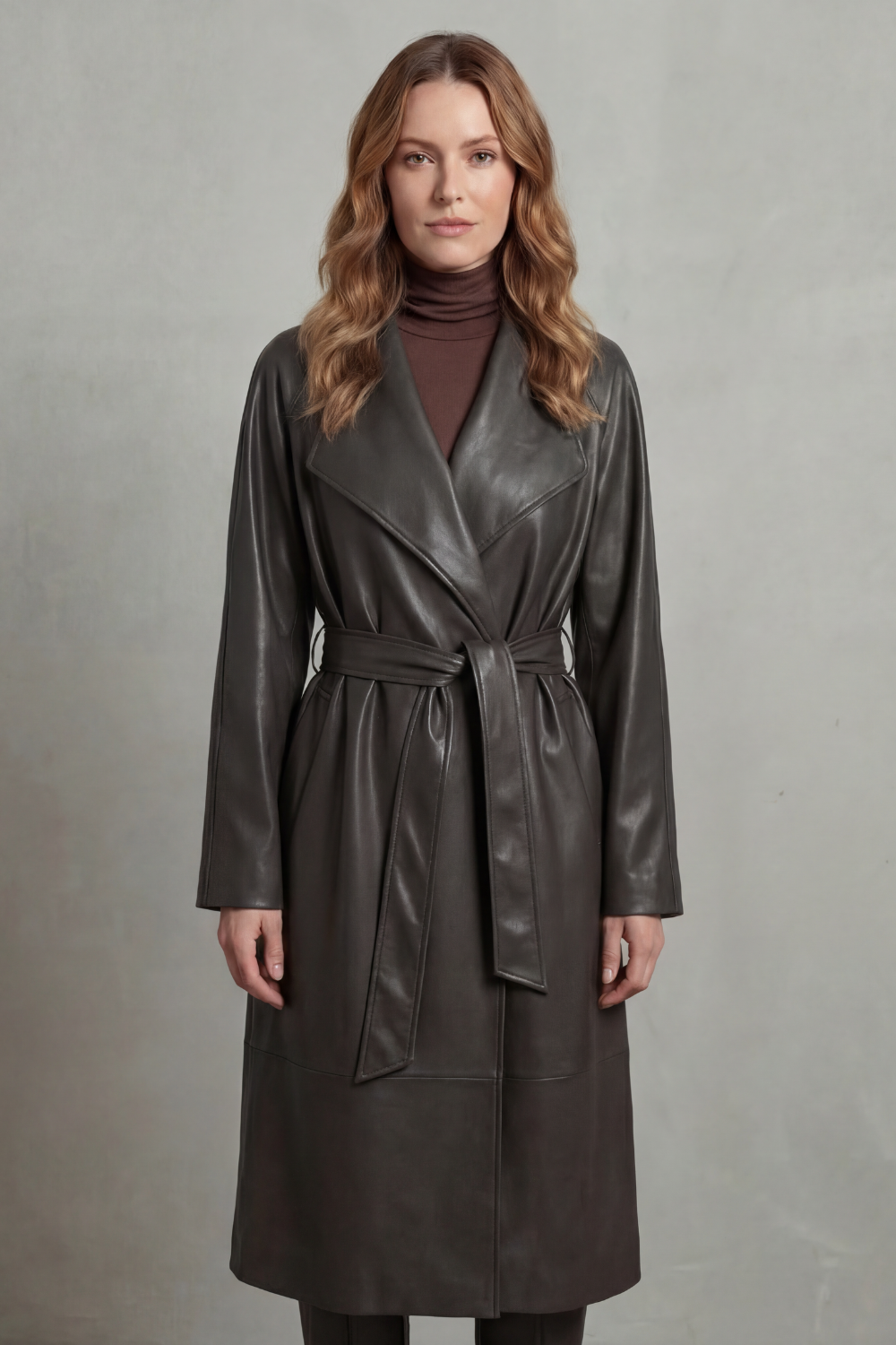 Women's Faux Leather Trench Coat with Waist-Cinching Design - Marzienne