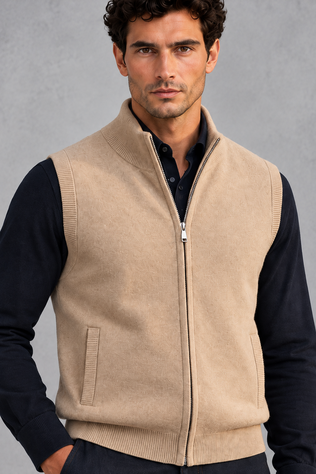 Men's Knitted Zip-Up Sweater Vest – Caramel