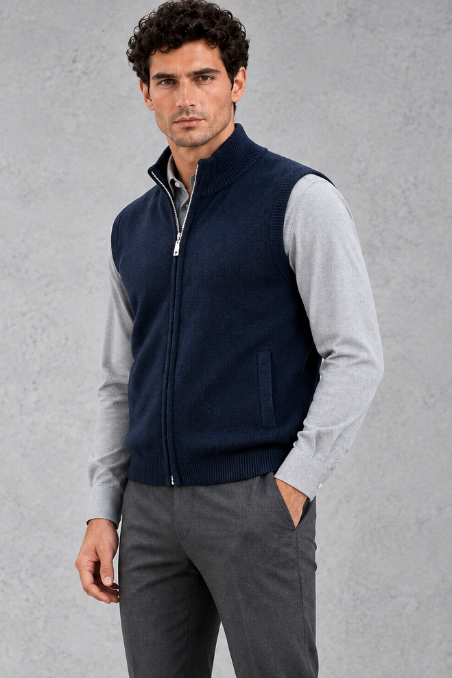 Men's Knitted Zip-Up Sweater Vest – Navy Blue