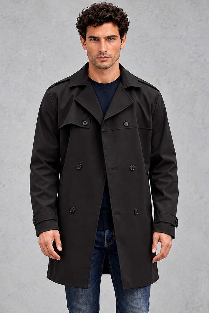 Men's Double-Breasted Trench Coat – Black