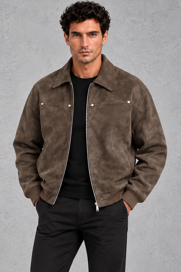 Men's Suede-Look Collared Jacket – Brown