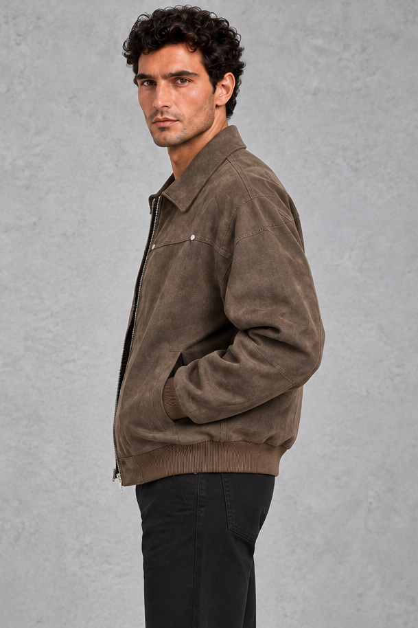 Men's Suede-Look Collared Jacket – Brown