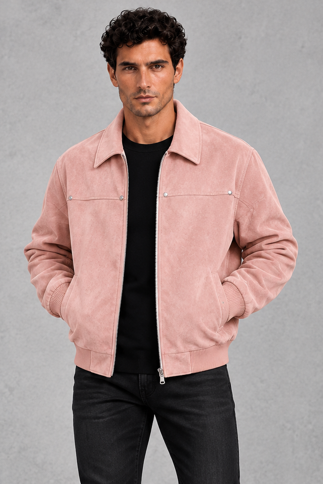 Men's Suede-Look Collared Jacket – Dusty Pink