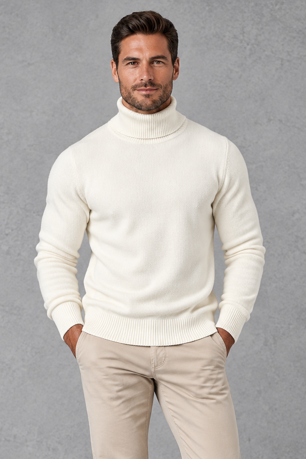Men's Fine-Knit Turtleneck Sweater – White