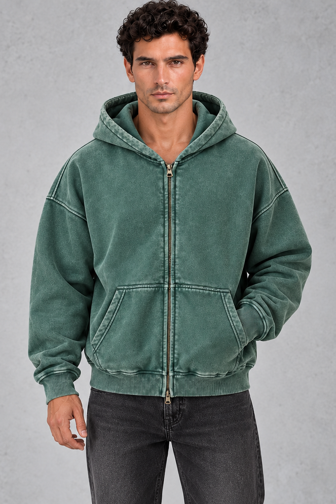 Side view showing the large front pockets and ribbed hem