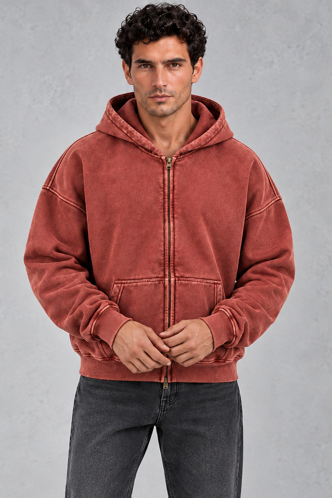 Men's vintage wash hoodie shown in black, green and red