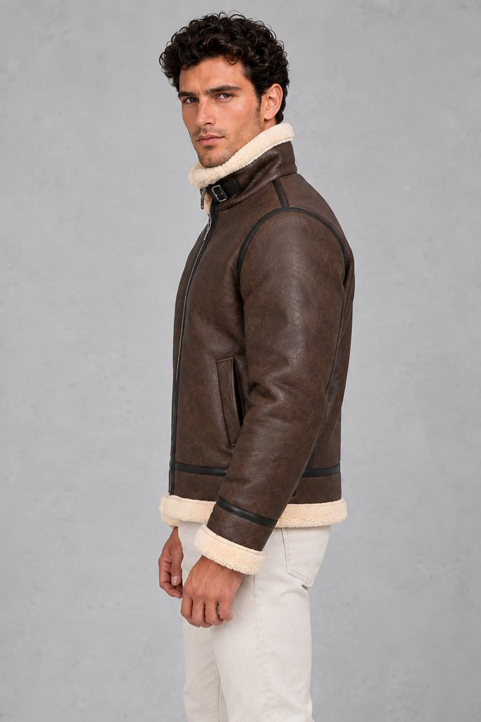 Back view of the men's faux leather aviator jacket