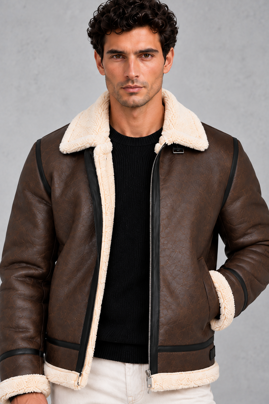 Detail close-up of the soft sherpa collar and contrast trim