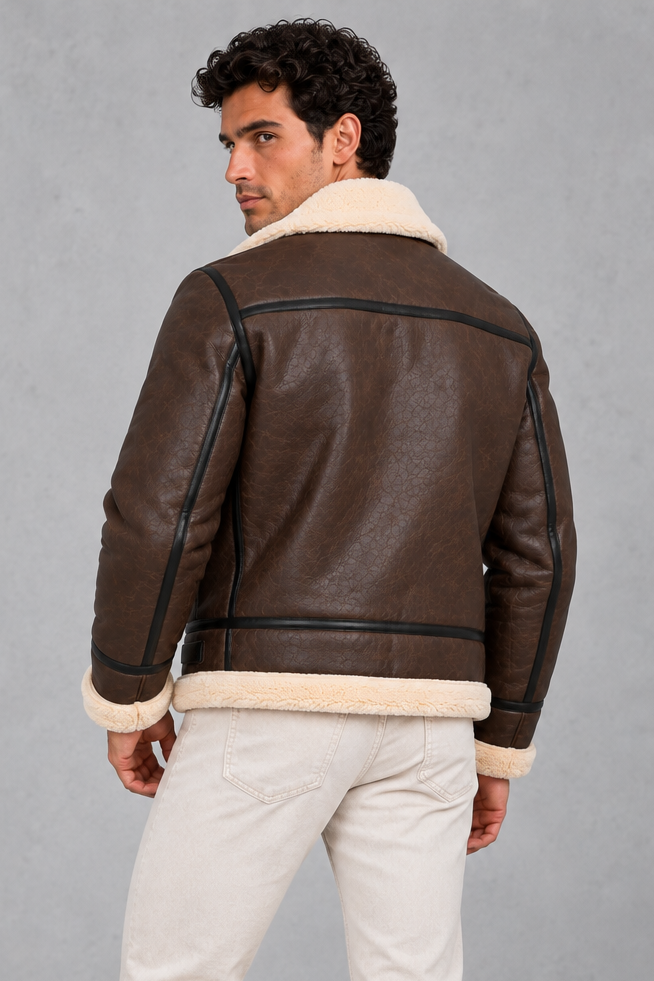 Open aviator jacket showing the cozy sherpa lining