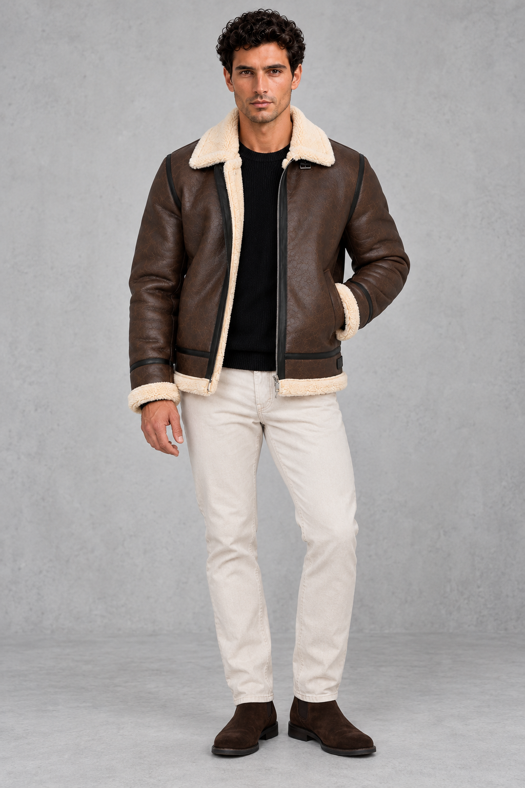 Styled winter look wearing the aviator jacket with jeans and boots
