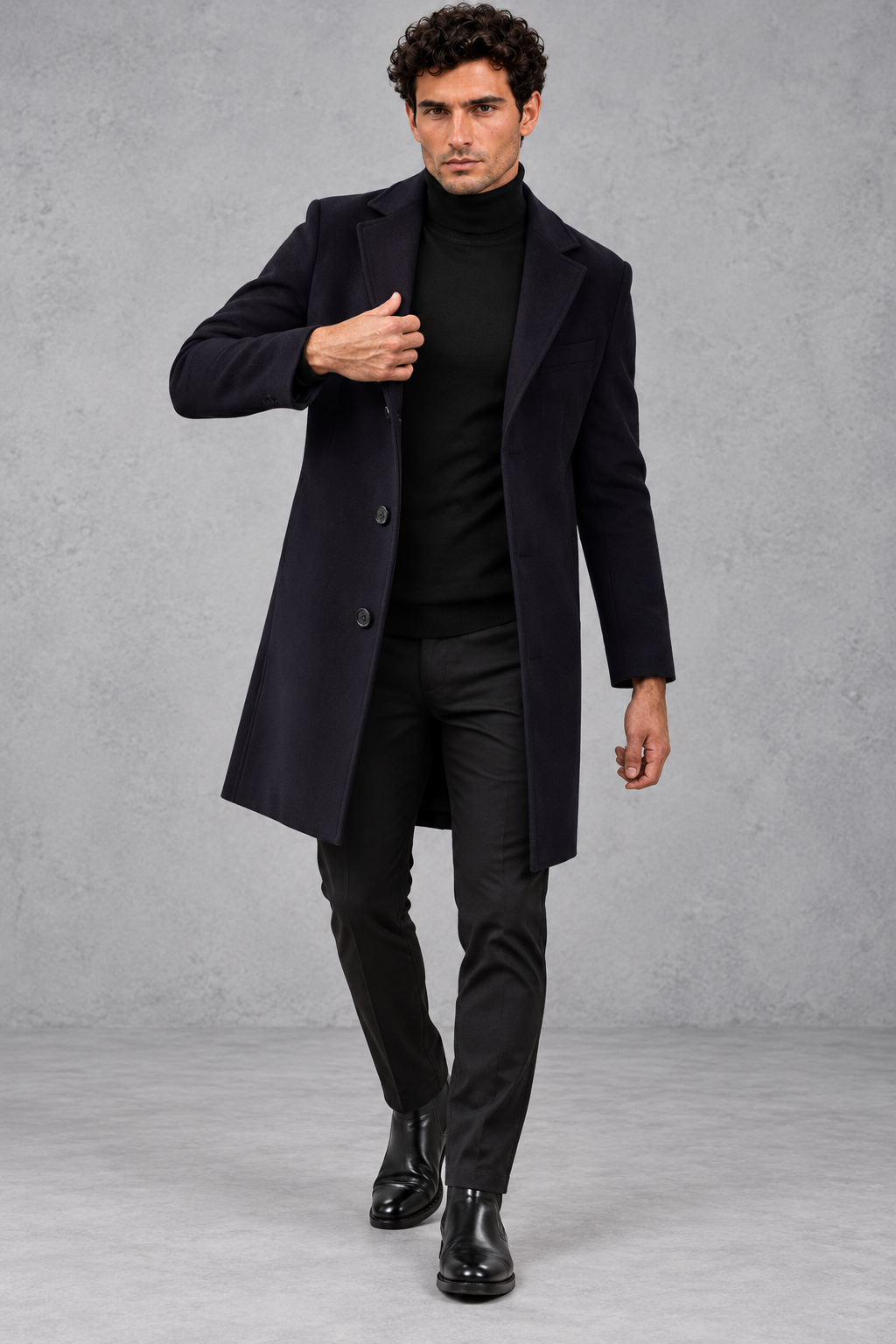 Men's Slim-Fit Tailored Overcoat – Black