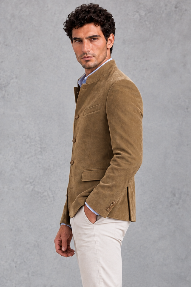Men's Suede-Finish Mandarin Collar Blazer – Khaki