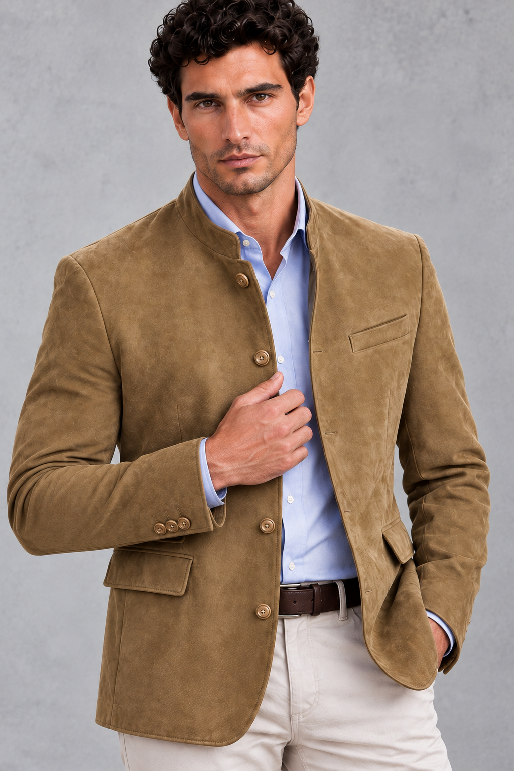Men's Suede-Finish Mandarin Collar Blazer – Khaki