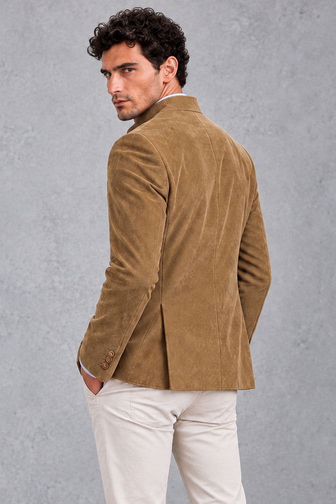 Men's Suede-Finish Mandarin Collar Blazer – Khaki