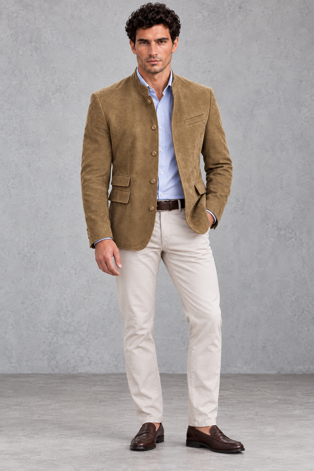 Men's Suede-Finish Mandarin Collar Blazer – Khaki