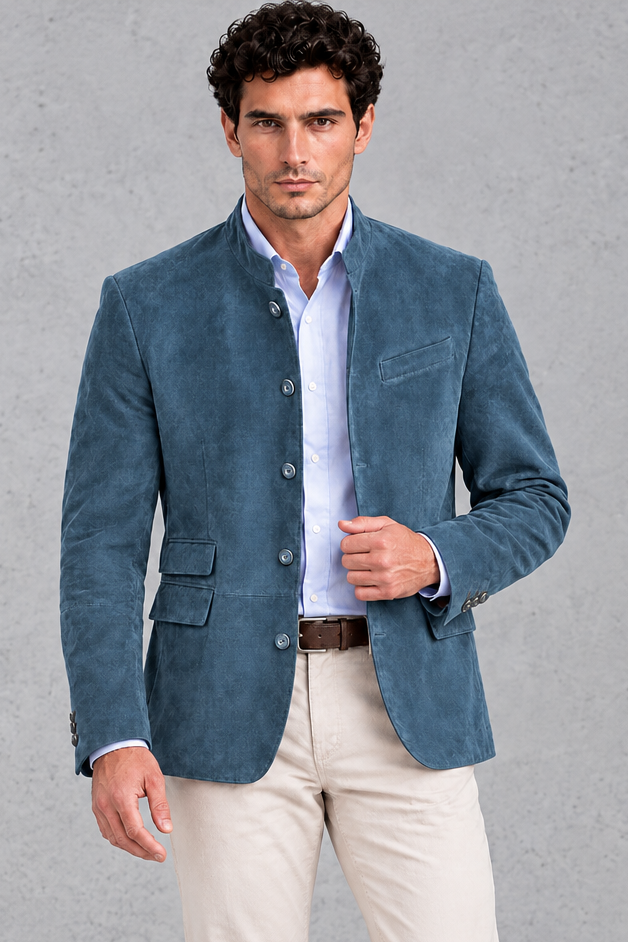 Men's Suede-Finish Mandarin Collar Blazer – Sea Blue