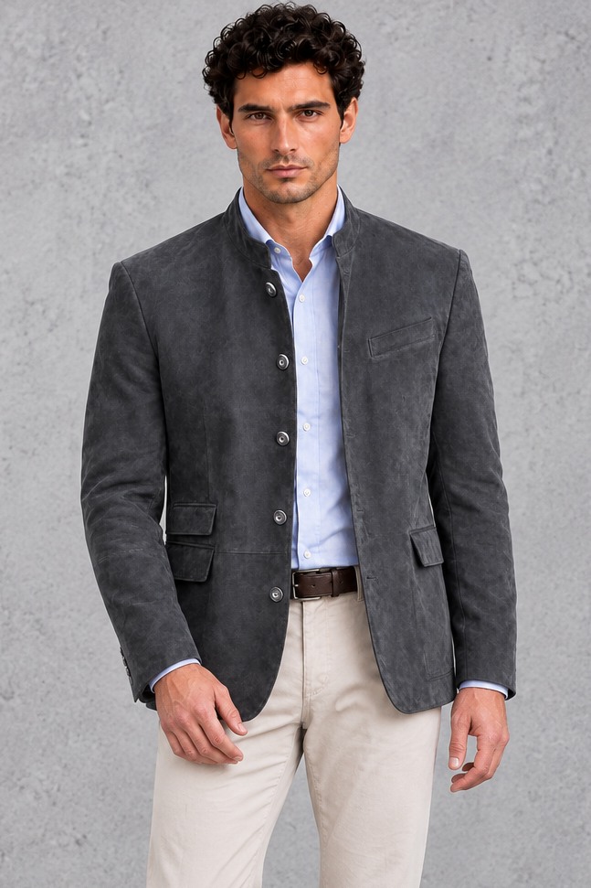 Men's Suede-Finish Mandarin Collar Blazer – Dark Gray