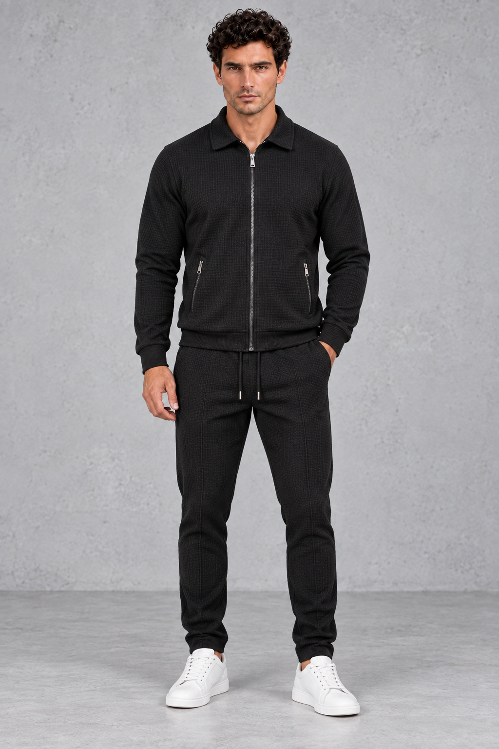 Men's textured full zip tracksuit with collared jacket and joggers, front view