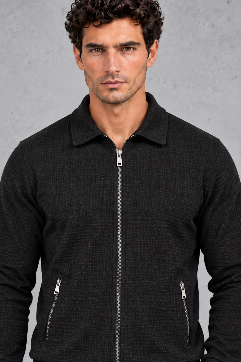 Detail close-up of the shirt-style collar and full front zipper