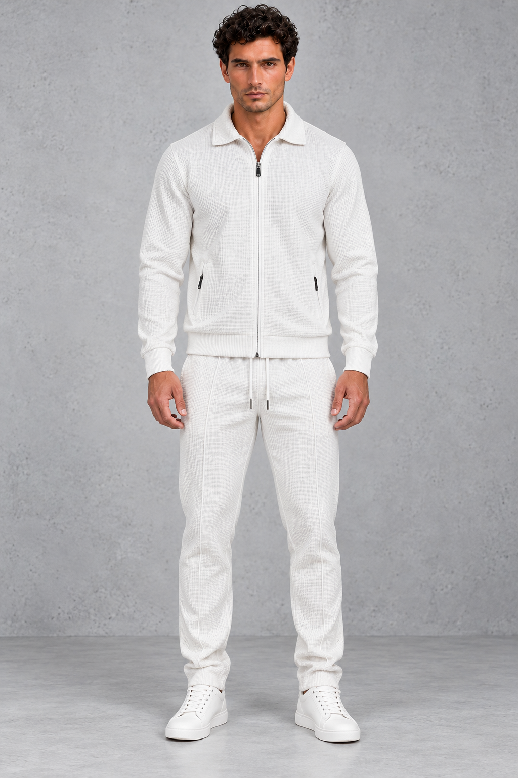 Men's textured tracksuit set shown in black and white