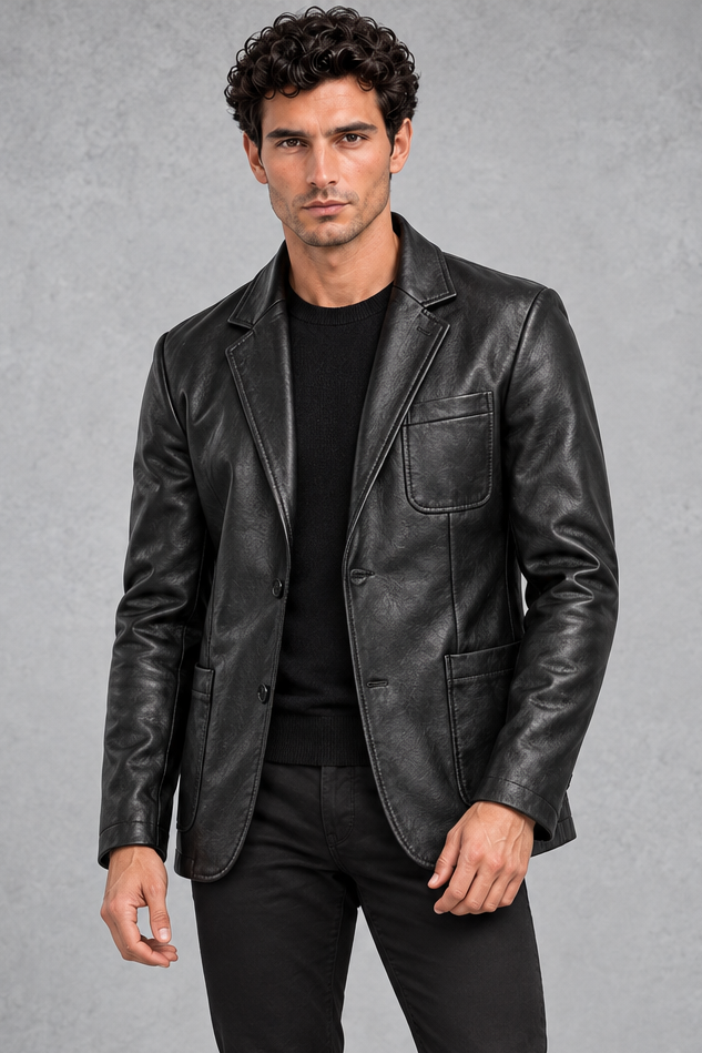 Men's Faux Leather Blazer – Black