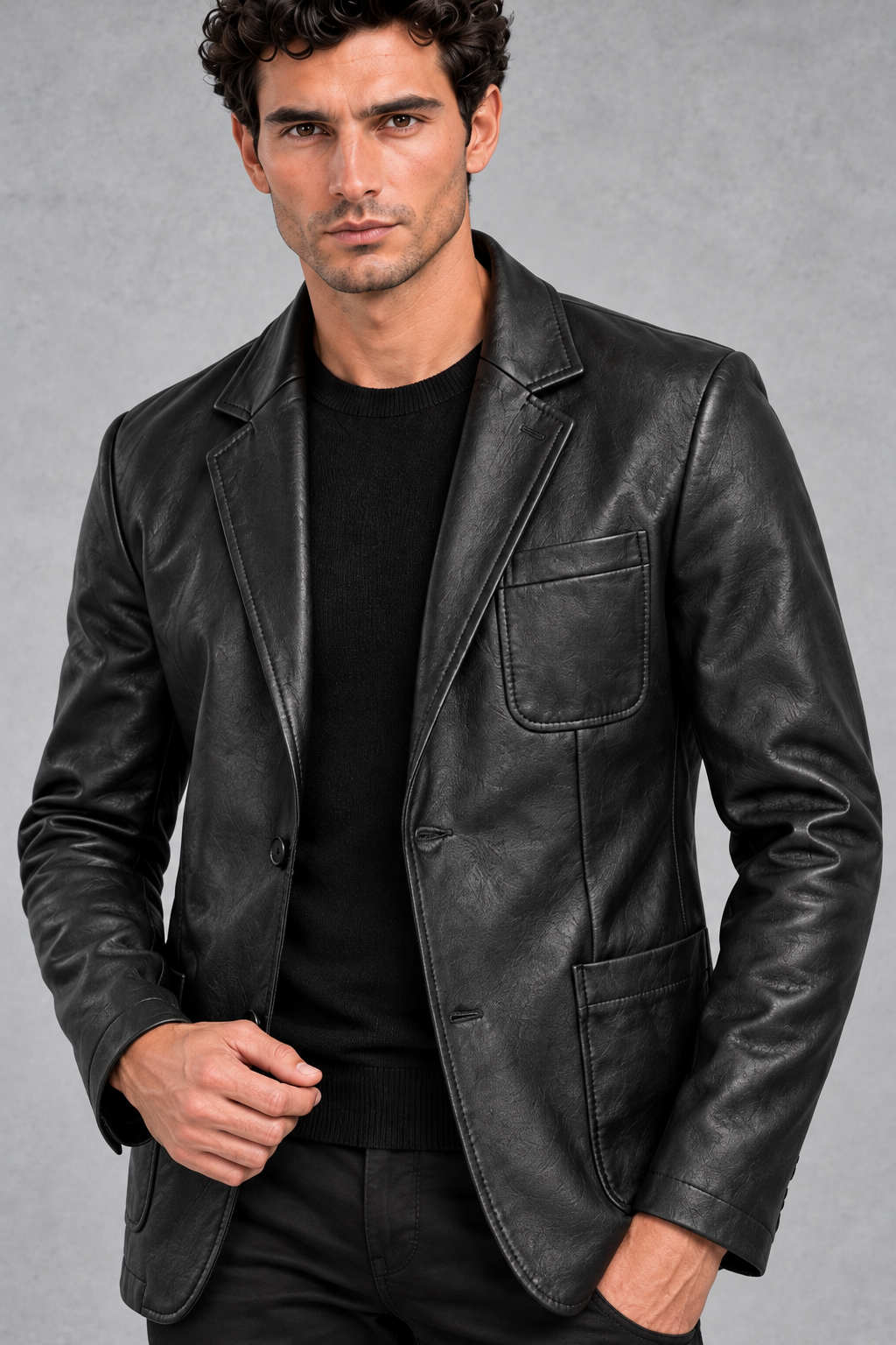 Men's Faux Leather Blazer – Black