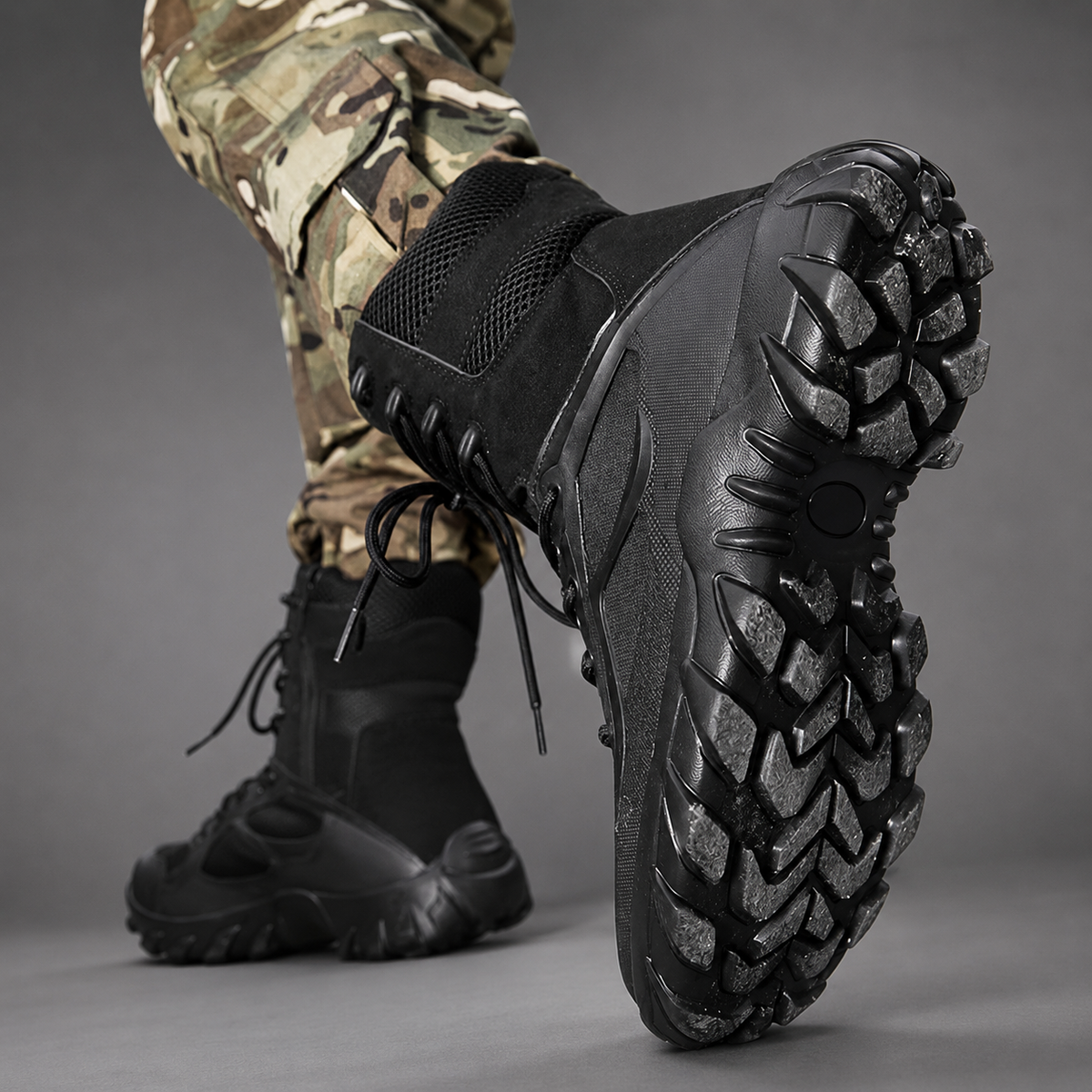 Men’s high-top tactical hiking boots with a lightweight synthetic upper, breathable lining, secure lace-up closure, round toe, and durable outsole.