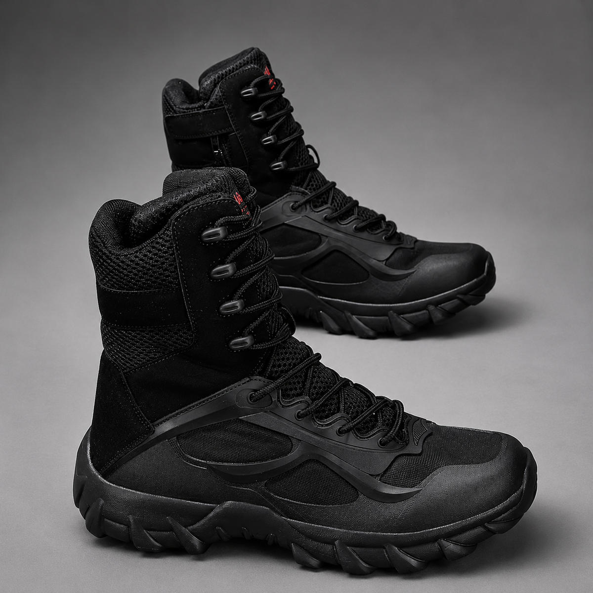 Men’s high-top tactical hiking boots with a lightweight synthetic upper, breathable lining, secure lace-up closure, round toe, and durable outsole.
