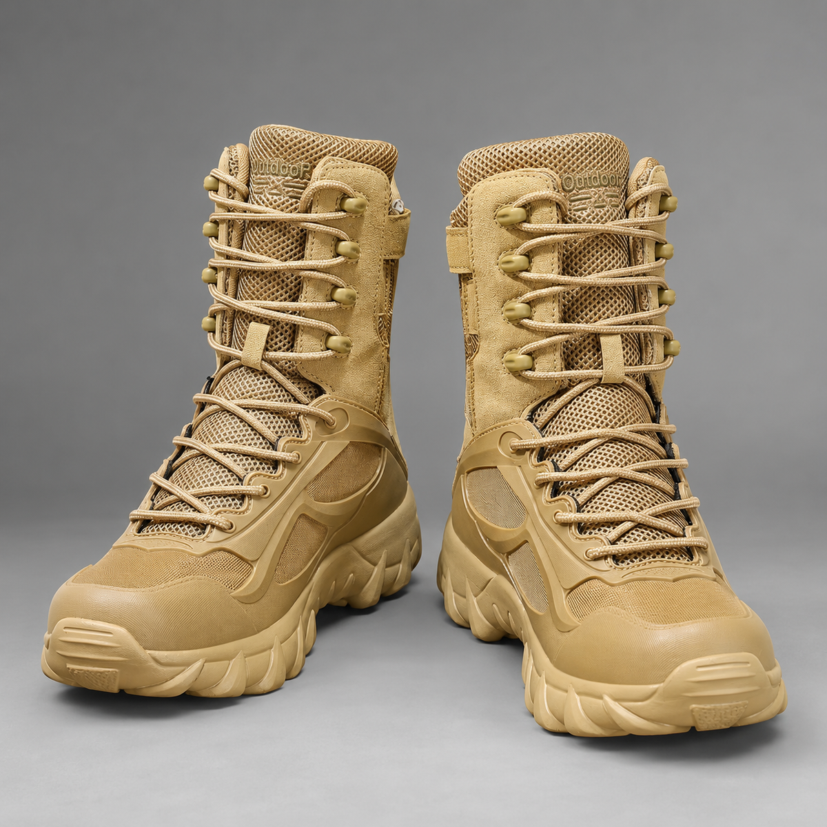 Men’s high-top tactical hiking boots with a lightweight synthetic upper, breathable lining, secure lace-up closure, round toe, and durable outsole.
