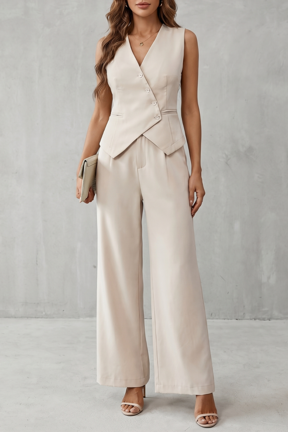 Women's minimalist tailored vest and pants two-piece set, front view