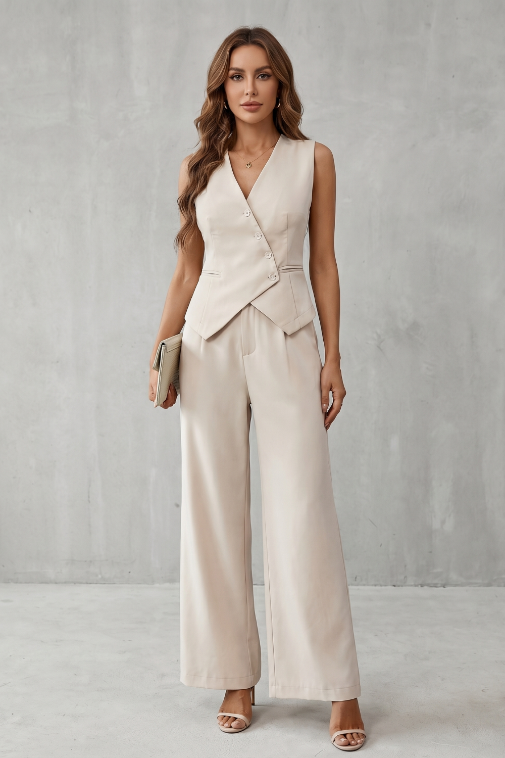 Side view of the structured sleeveless vest and coordinated pants