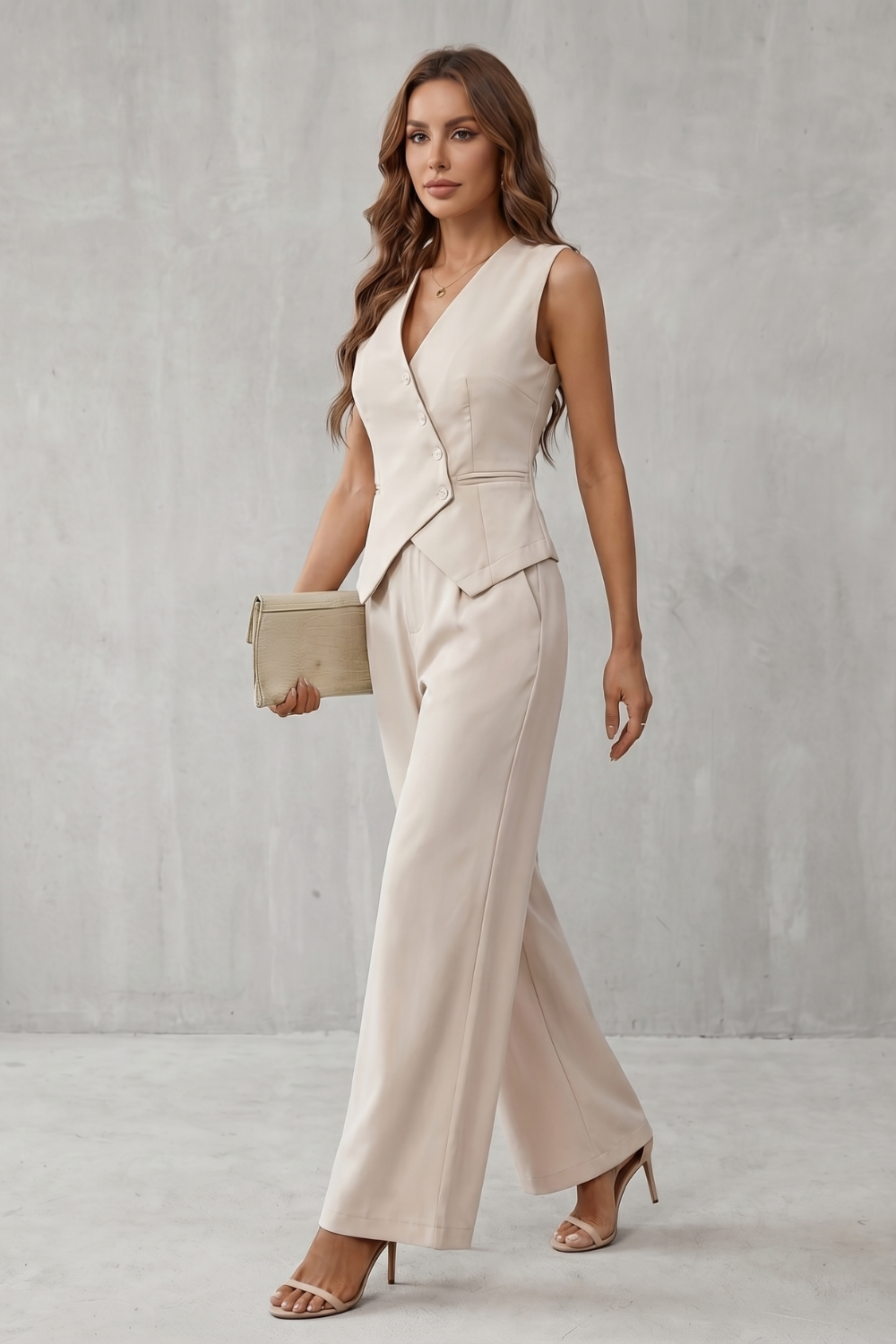 Back view of the minimalist tailored vest and pants set