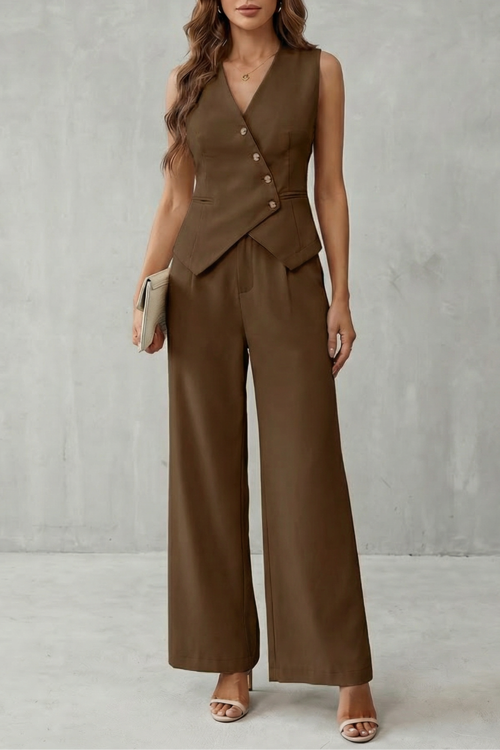 Brown colorway of the tailored vest and pants set, full-length view