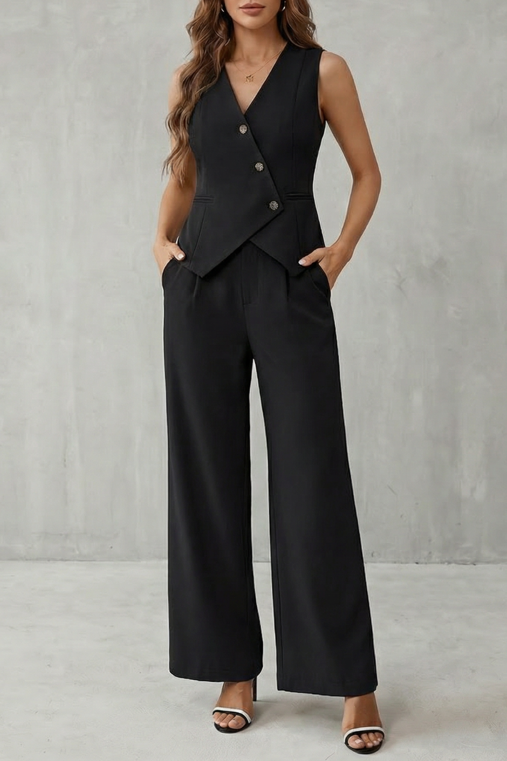 Beige colorway of the tailored vest and pants set, full-length view