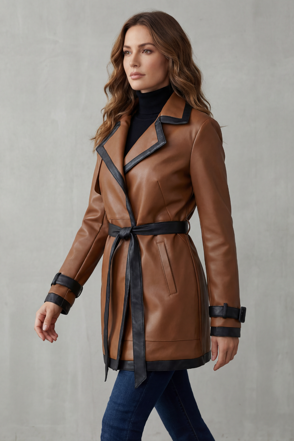 Women's Belted Faux Leather Trench Coat with Contrast Trim - Mirella