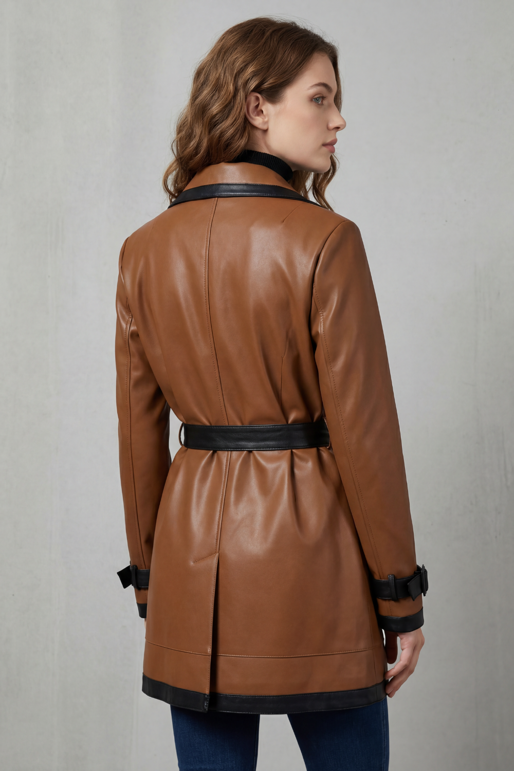 Women's Belted Faux Leather Trench Coat with Contrast Trim - Mirella