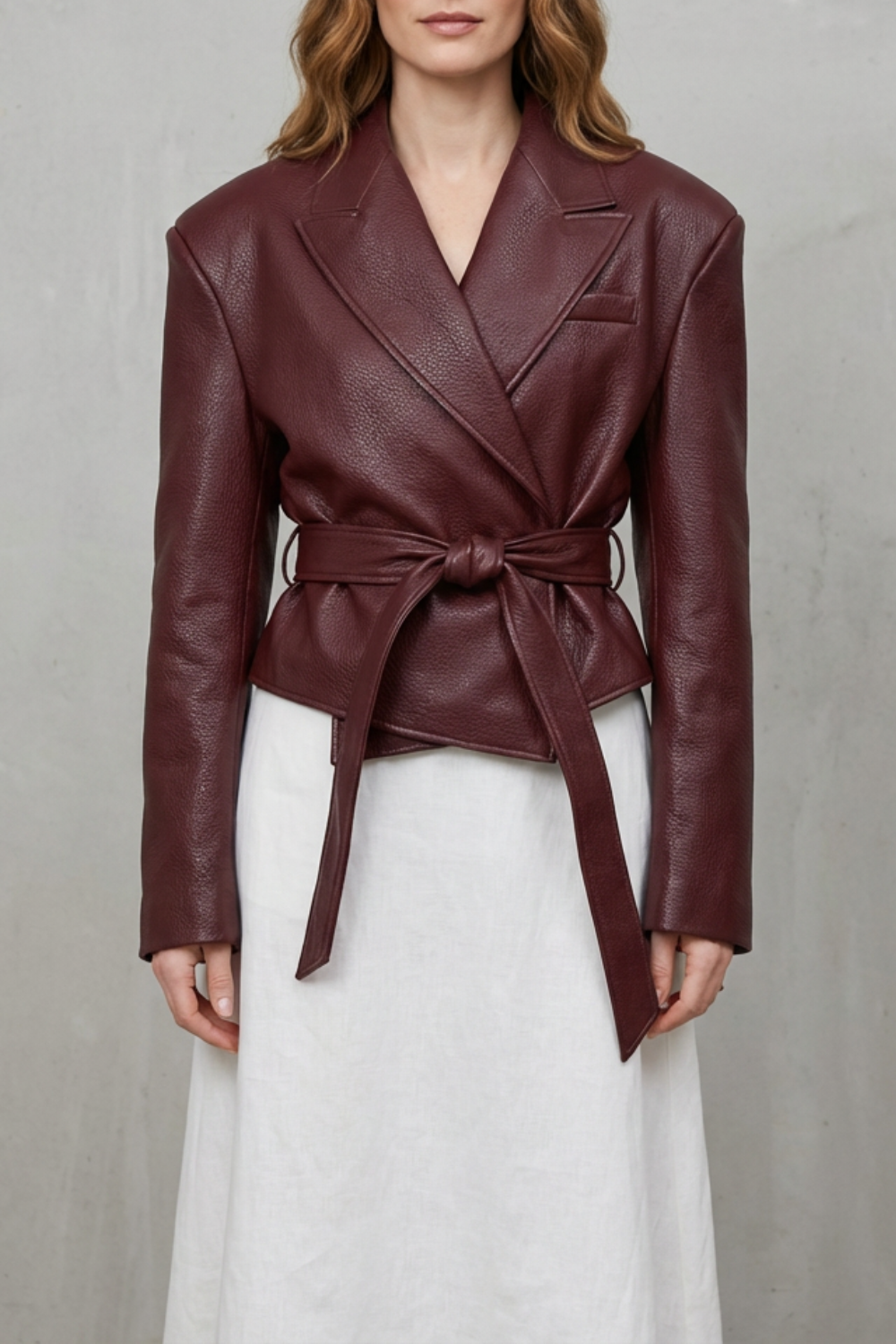 Women's Sculpted Modern Jacket with Faux Leather and Belted Design - Mirella