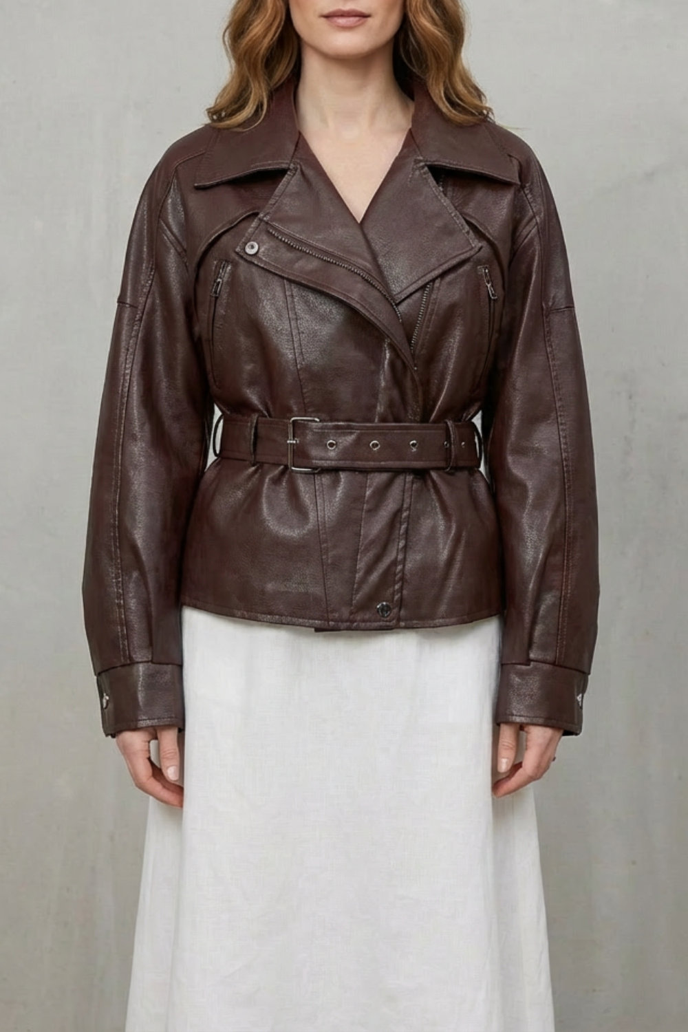 Women's Sculpted Modern Jacket with Faux Leather and Belted Design - Mirella