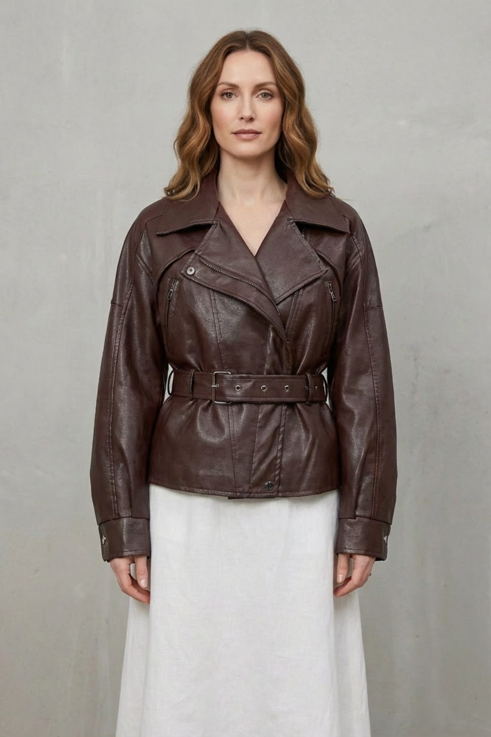 Women's Sculpted Modern Jacket with Faux Leather and Belted Design - Mirella