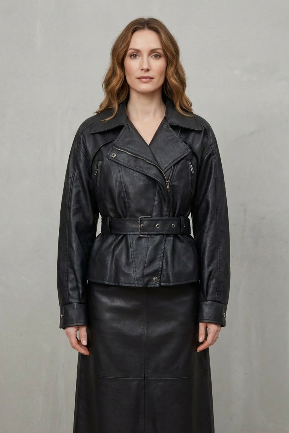 Women's Sculpted Modern Jacket with Faux Leather and Belted Design - Mirella