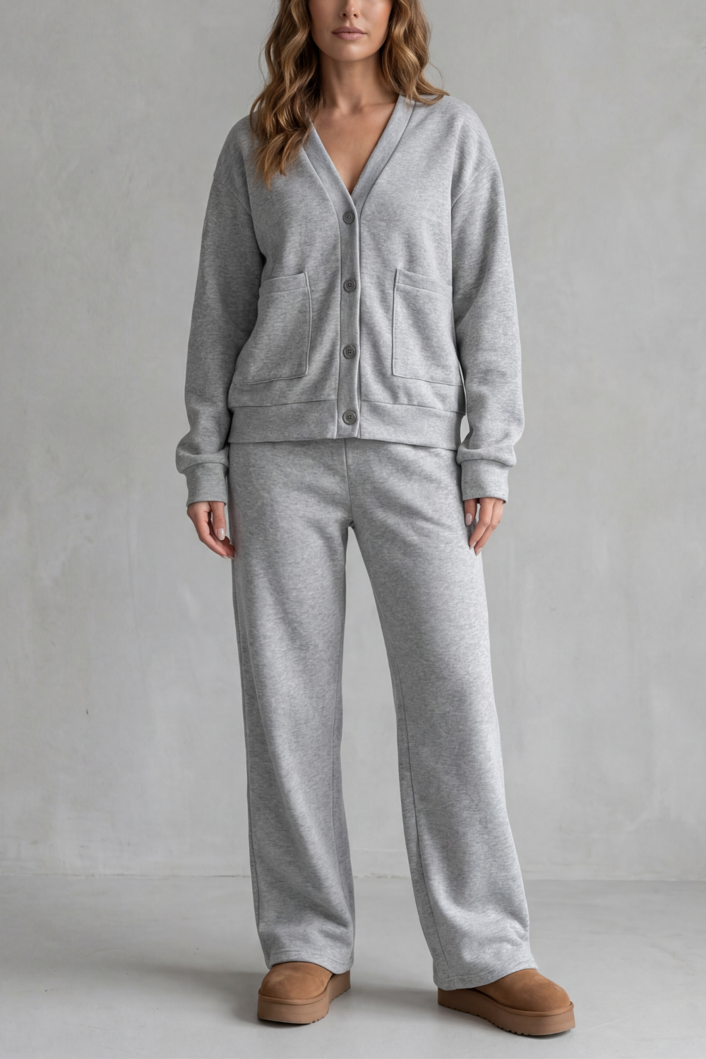 Women's V-neck button-down cardigan and wide-leg pants lounge set, front view