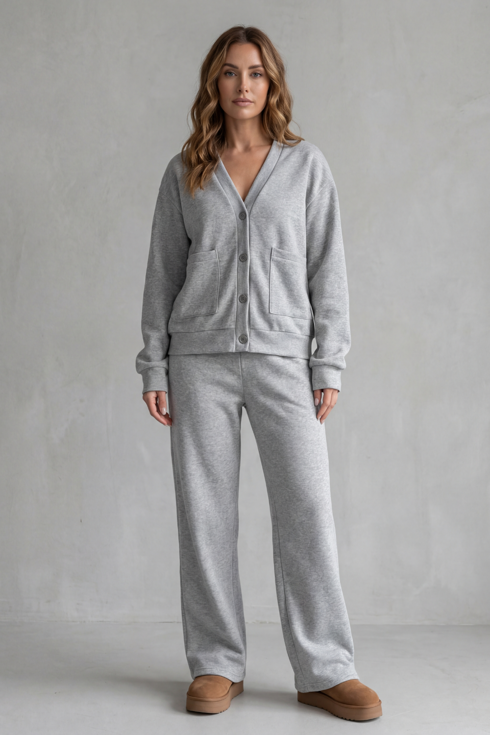 Side view of the button-down cardigan and wide-leg pants set