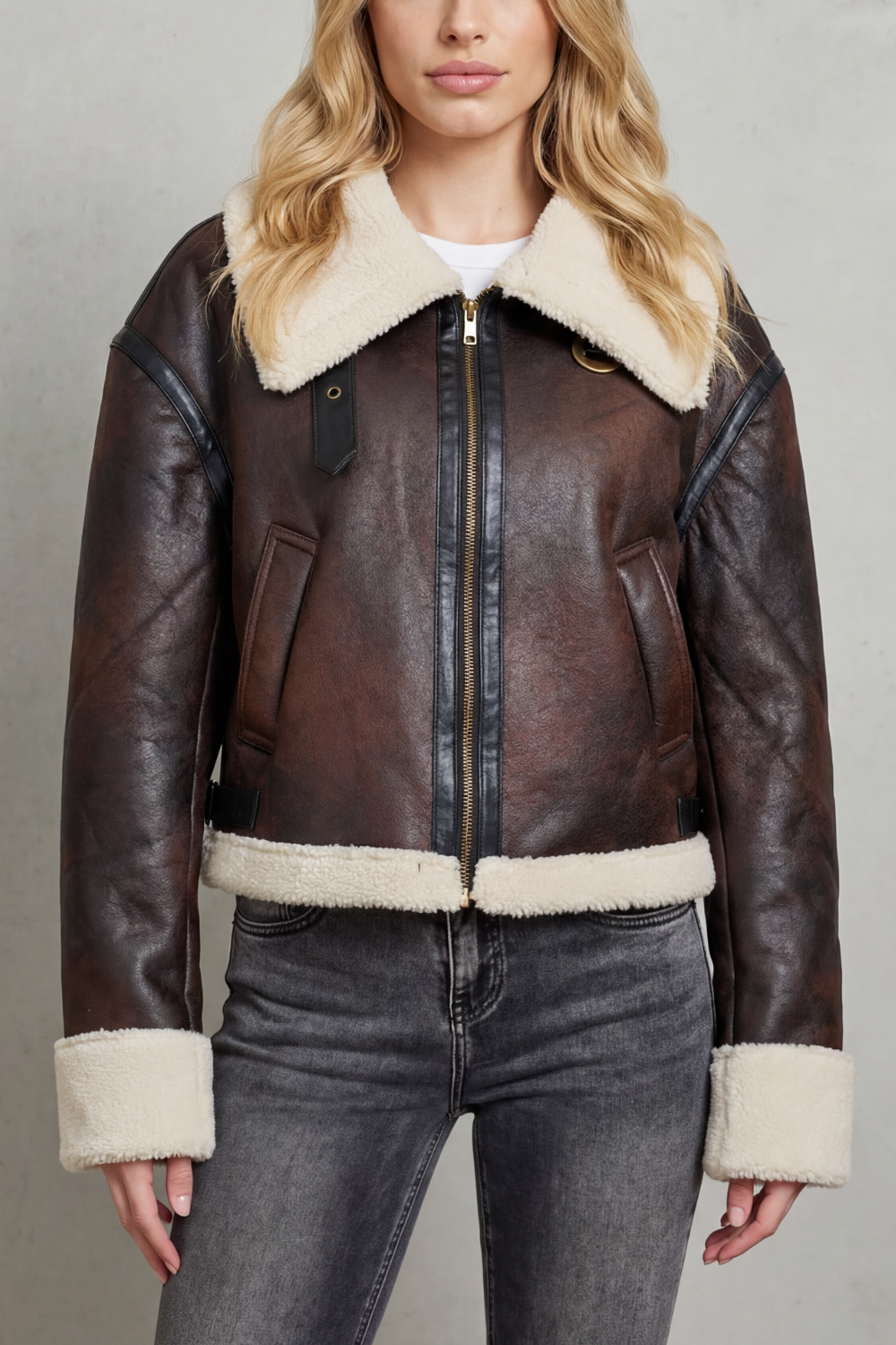Women's Cropped Aviator Jacket with Shearling Trim - Mirevola